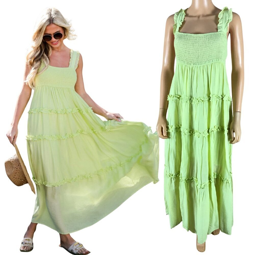 LUSH Lime Green Smocked Tiered Ruffled Maxi Dress SMALL
